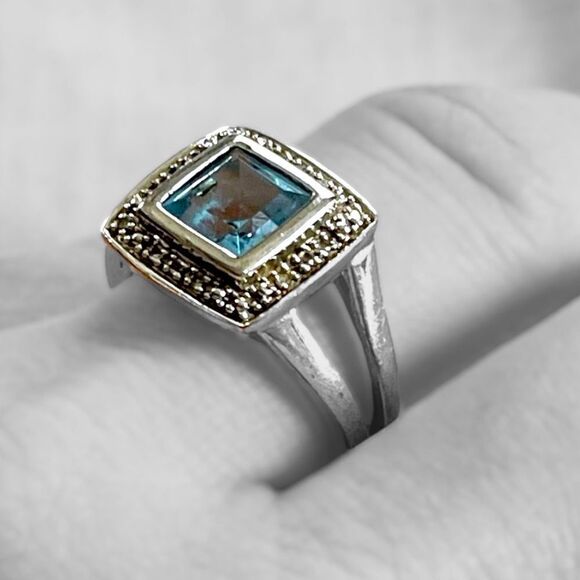 P*M .925 Sterling Silver Cushion Cut Blue Topaz Diamond Halo Ring Pendant Set - Picture 14 of 16